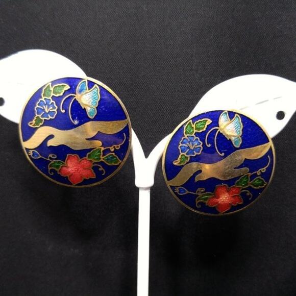 Cloisonne Golden Brass Blue Enamel Post Earrings, Floral Butterfly Design, 1980s - Picture 1 of 9
